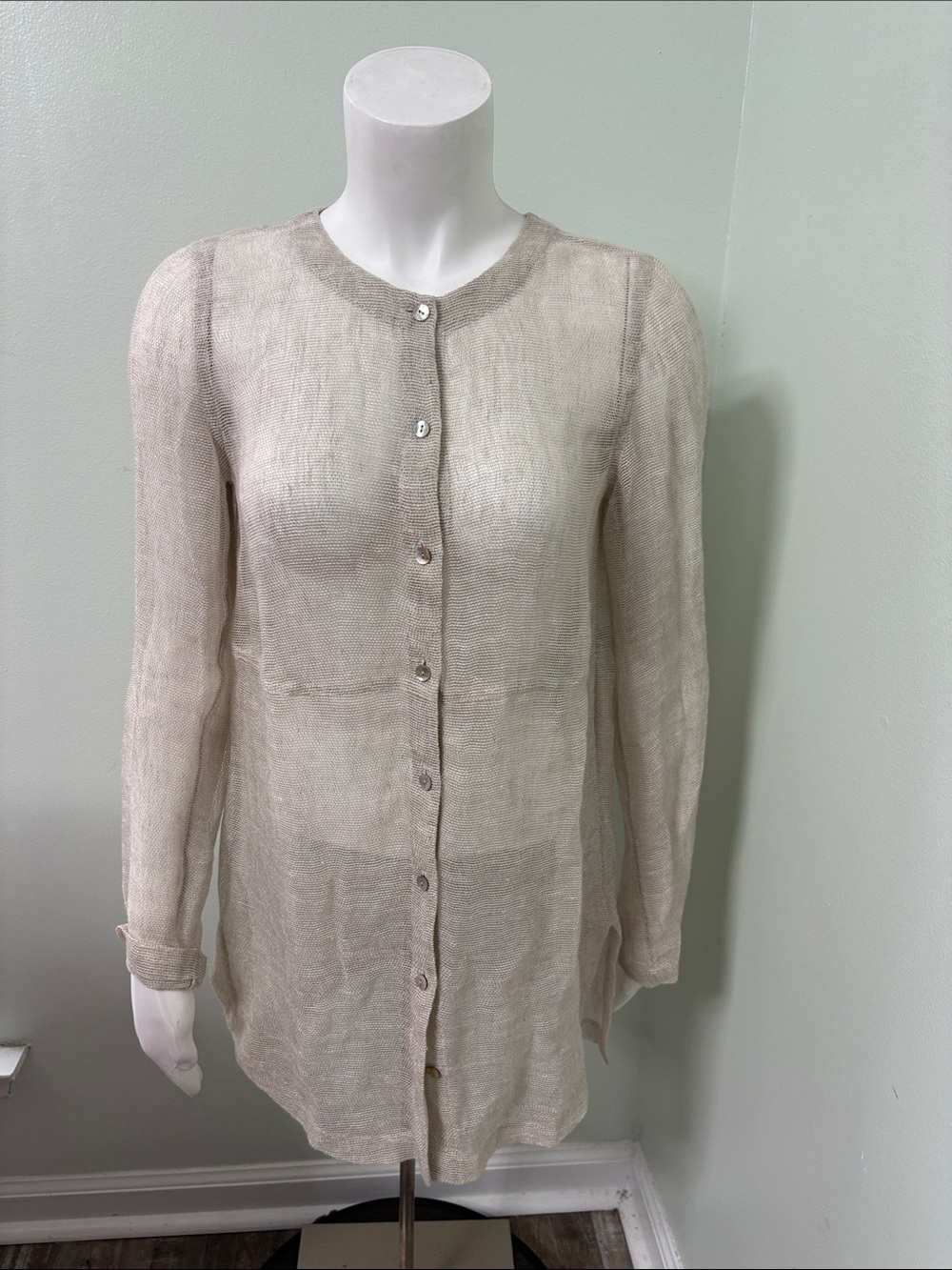 Eileen Fisher Linen Button Up Duster Sheer Long Blouse Mandarin Collar Size XXS